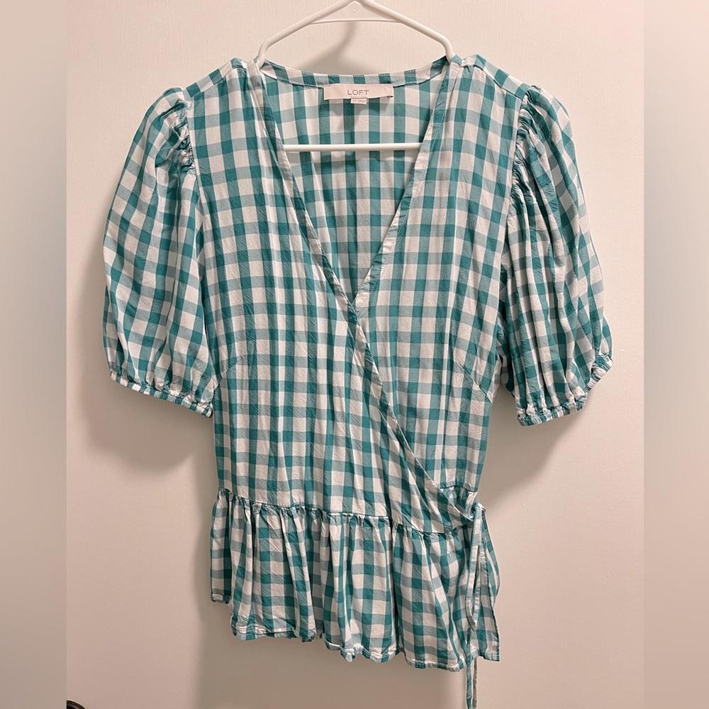 LOFT. Green check wrap blouse